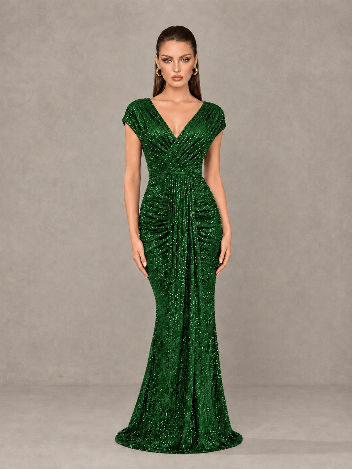 BOLODOO Emerald Green Glitter V-Neck Cap Sleeve Ruched Mermaid Evening Gown - Emerald Green - Emerald Green_1
