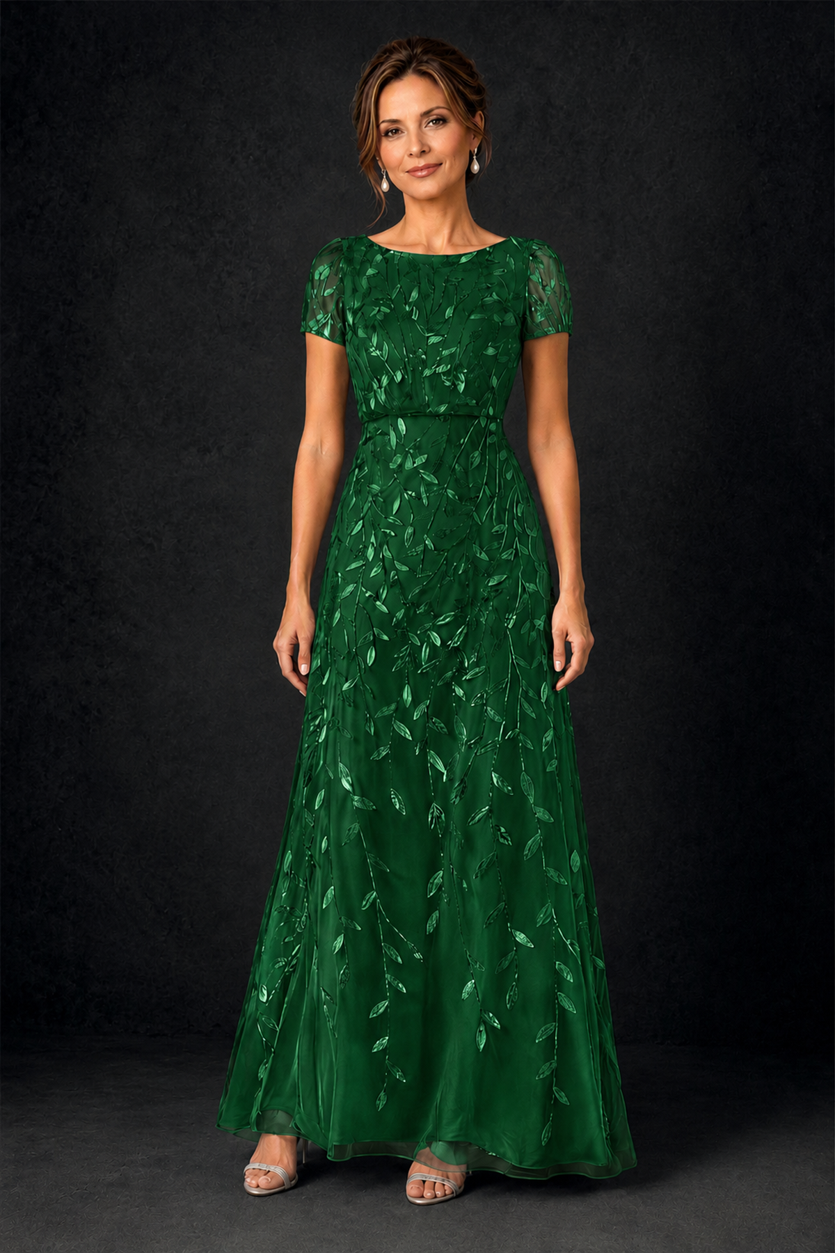 BOLODOO Emerald Green Leaf Embroidered A-Line Formal Gown with Cap Sleeves - Emerald Green - Emerald_Green_1