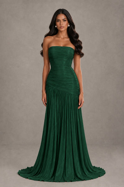 BOLODOO Emerald Green Metallic Ruched Strapless Pleated A-Line Backless Maxi Dress with Train - Emerald Green - Emerald Green_1