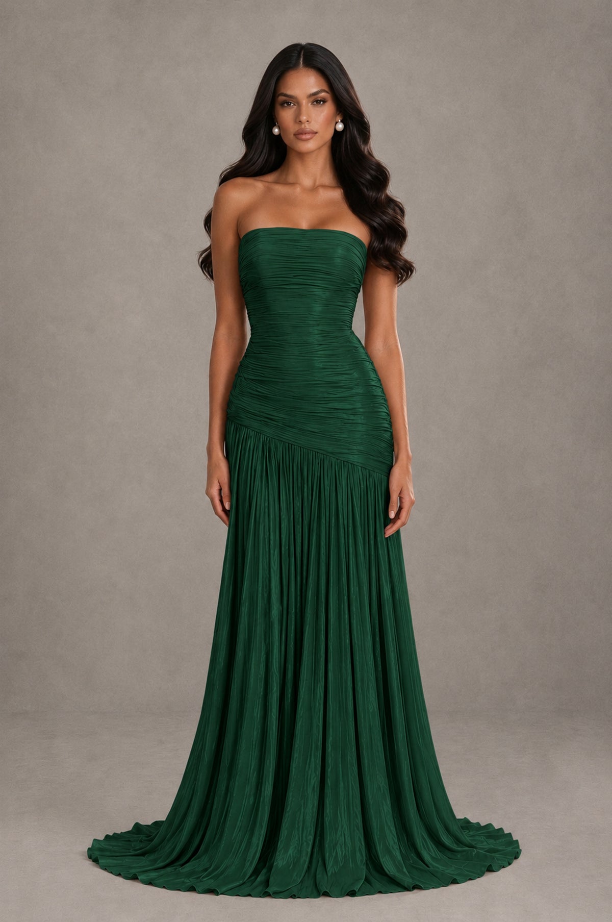 BOLODOO Emerald Green Metallic Ruched Strapless Pleated A-Line Backless Maxi Dress with Train - Emerald Green - Emerald Green_1
