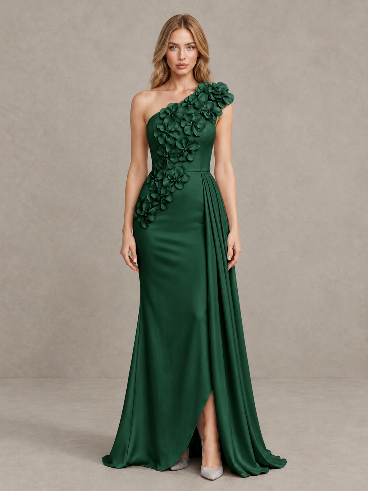 BOLODOO Emerald Green One-Shoulder Satin Mermaid Evening Gown with 3D Floral Appliqué - Emerald Green - Emerald Green_1