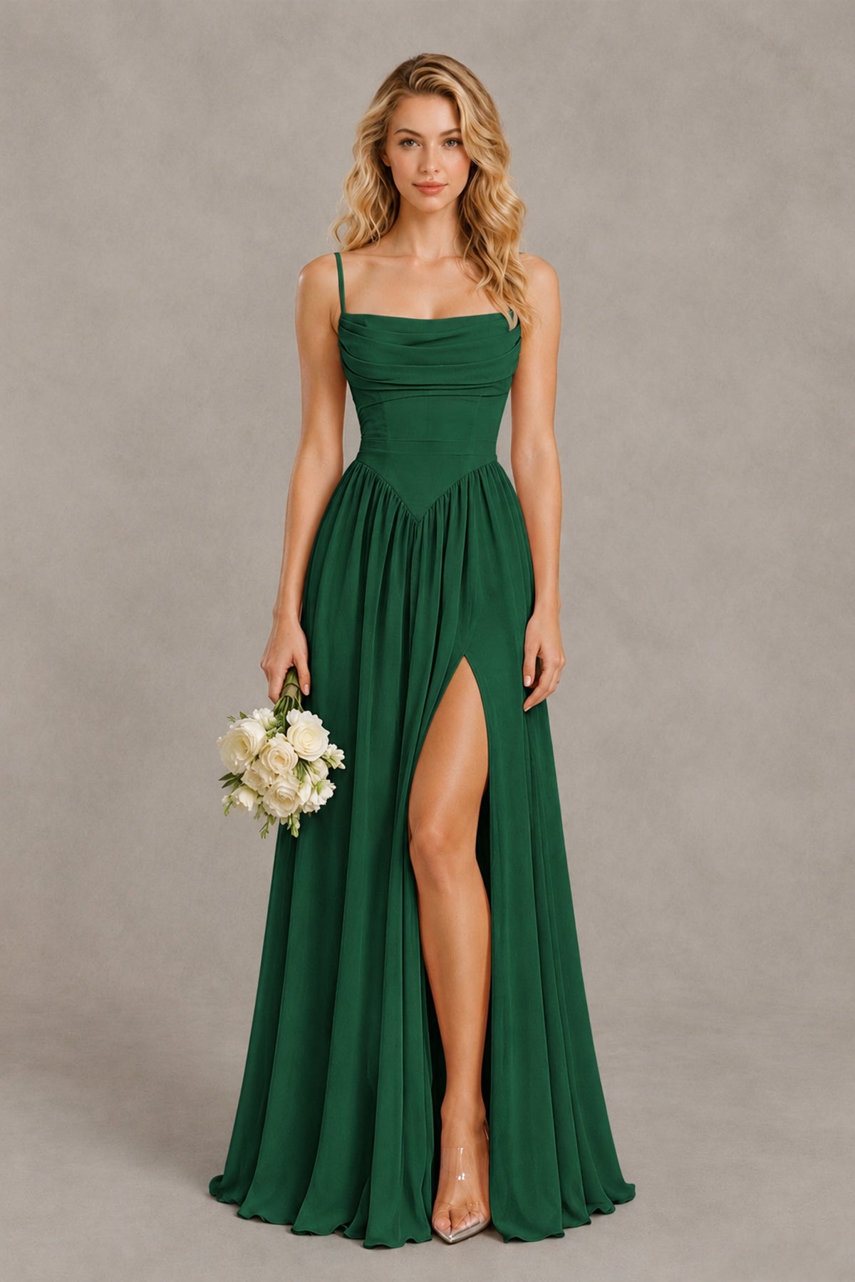 BOLODOO Emerald Green Spaghetti Strap A-Line Bridesmaid Dress with Slit - Emerald Green - Emerald Green_1