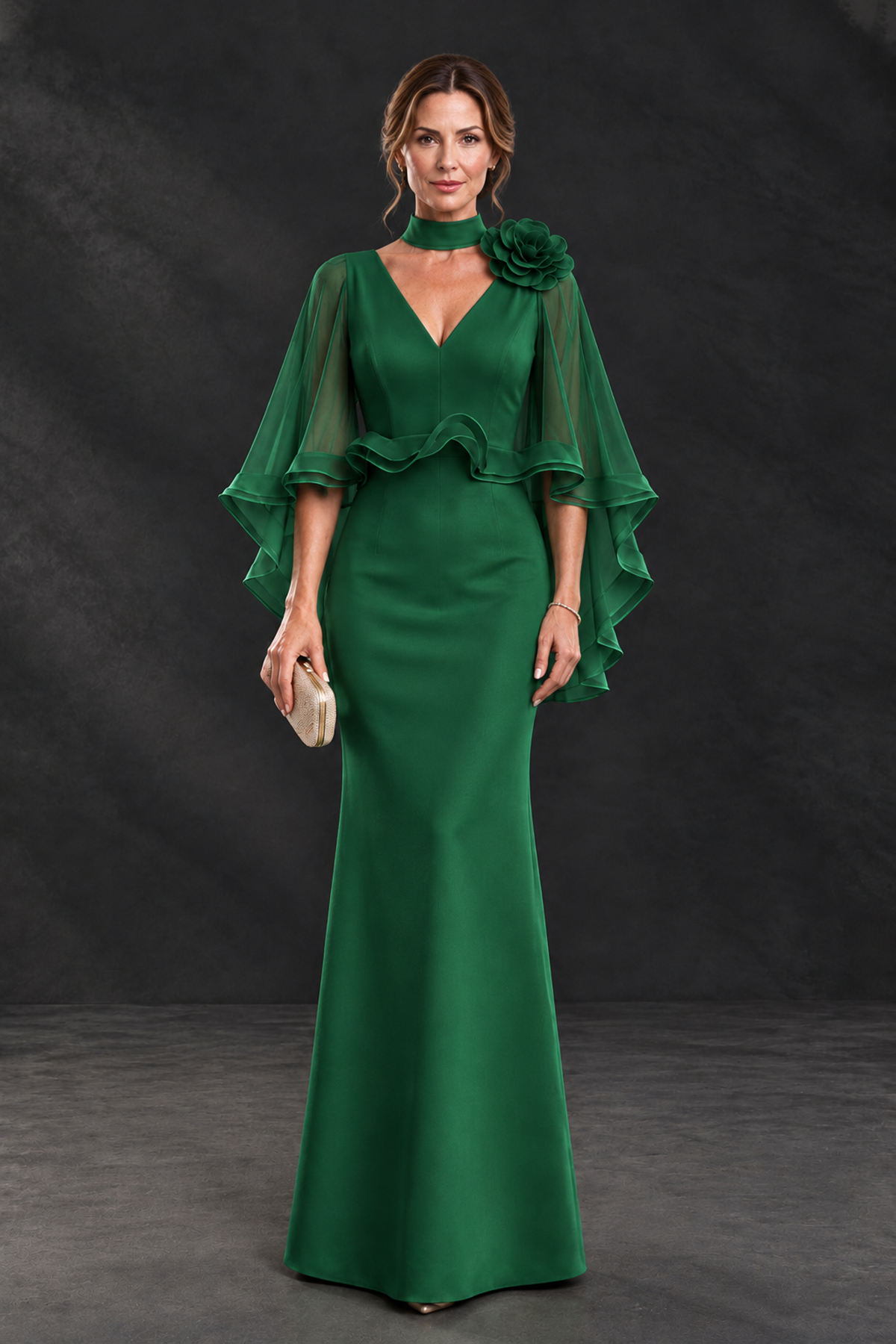 BOLODOO Emerald Green Floral Cape Sleeve Mother of the Bride Dress - Emerald Green - Emerald_Green_1