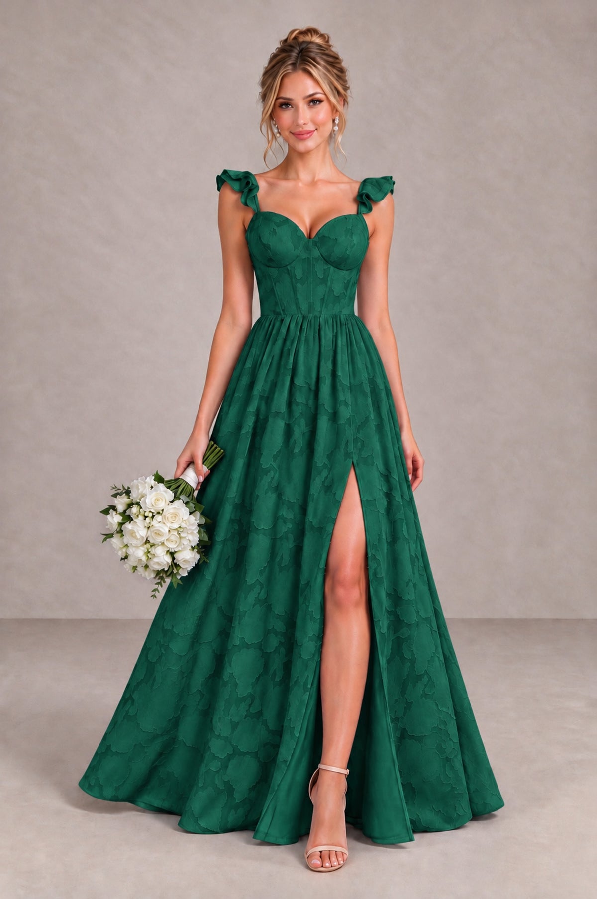 BOLODOO Emerald Green Floral A-Line Bridesmaid Dress with Slit Ruffle Straps Maxi Gown - Emerald Green - Emerald Green_1