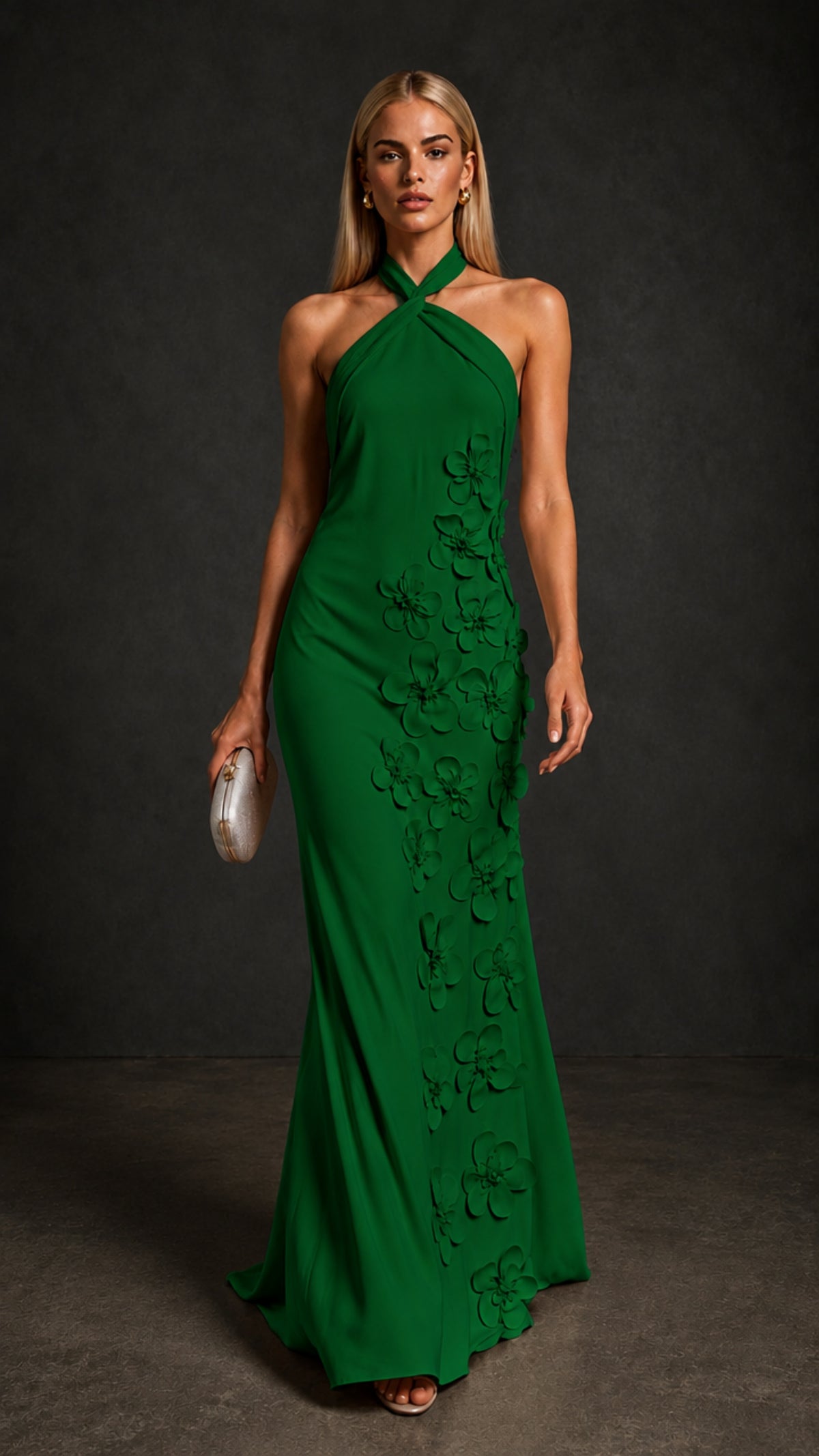 BOLODOO Emerald Green Cross Halter Neck 3D Floral Appliqué Backless Mermaid Maxi Gown - Emerald Green