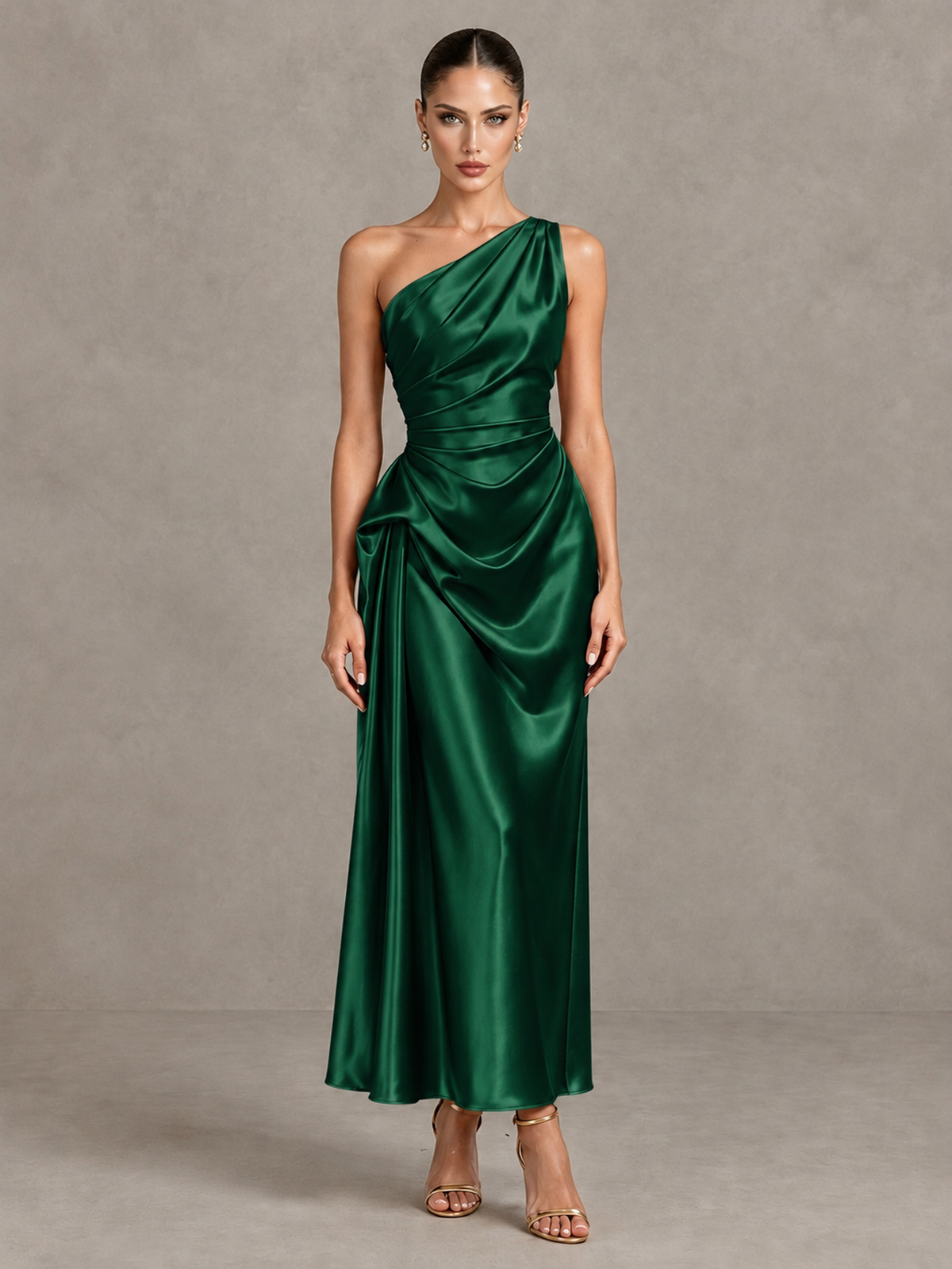 BOLODOO Emerald Green One Shoulder Satin Cocktail Dress with Draped A-Line Skirt - Emerald Green - Emerald Green_1