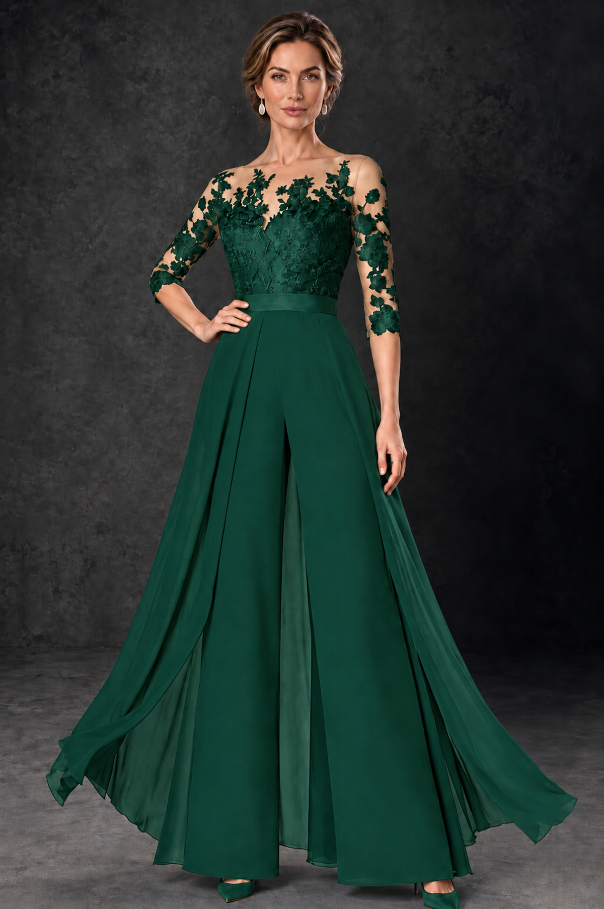 BOLODOO Emerald Green Lace Wide-Leg Jumpsuit with Three-Quarter Sleeves - Emerald Green - Emerald_Green_1