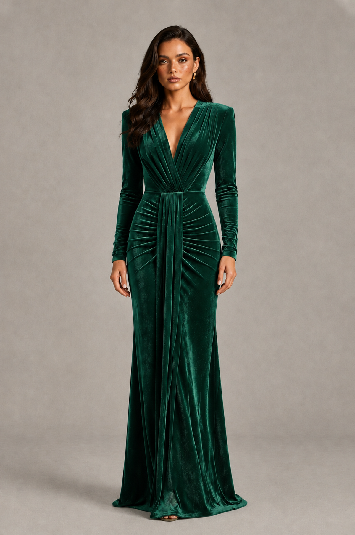 BOLODOO Emerald Green Velvet Long Sleeve V-Neck Ruched Evening Gown - Emerald Green