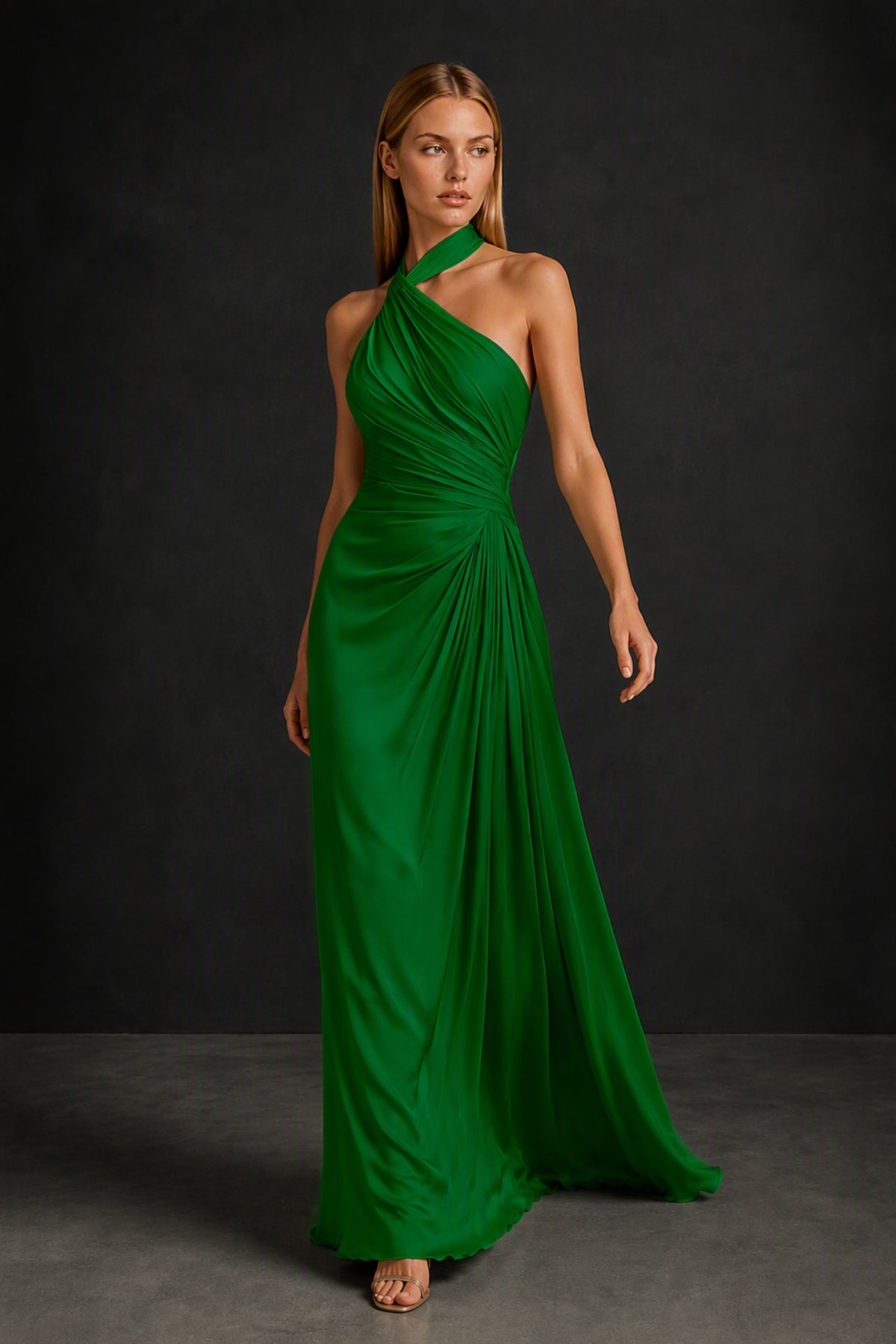 BOLODOO Emerald Green Twisted Halter Neck Ruched Sleeveless Open Back Floor-Length Gown - Emerald Green