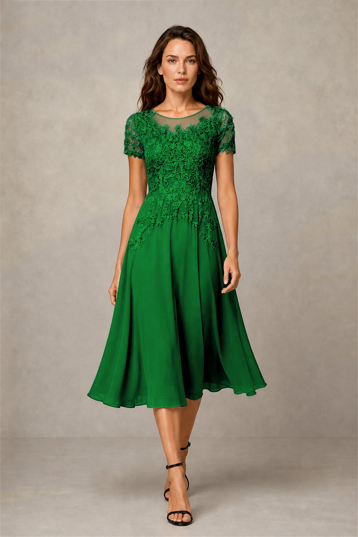 BOLODOO Steel Emerald Green Beaded Lace Illusion Bodice Chiffon Tea-Length Dress | Mother of the Bride & Cocktail Party - Emerald Green