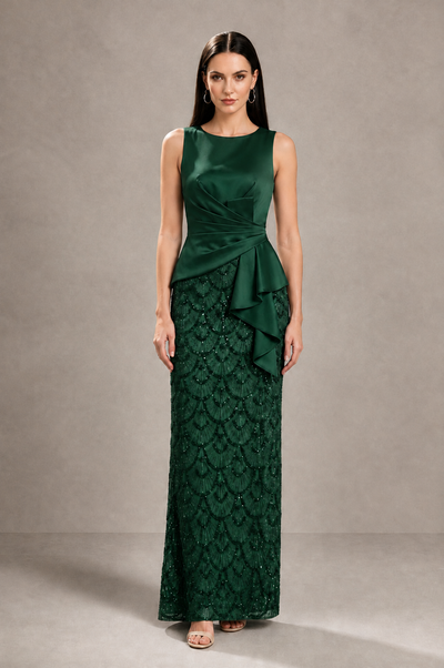 BOLODOO Emerald Green Sleeveless Satin & Lace Peplum Evening Dress - Emerald Green - Emerald_Green_1