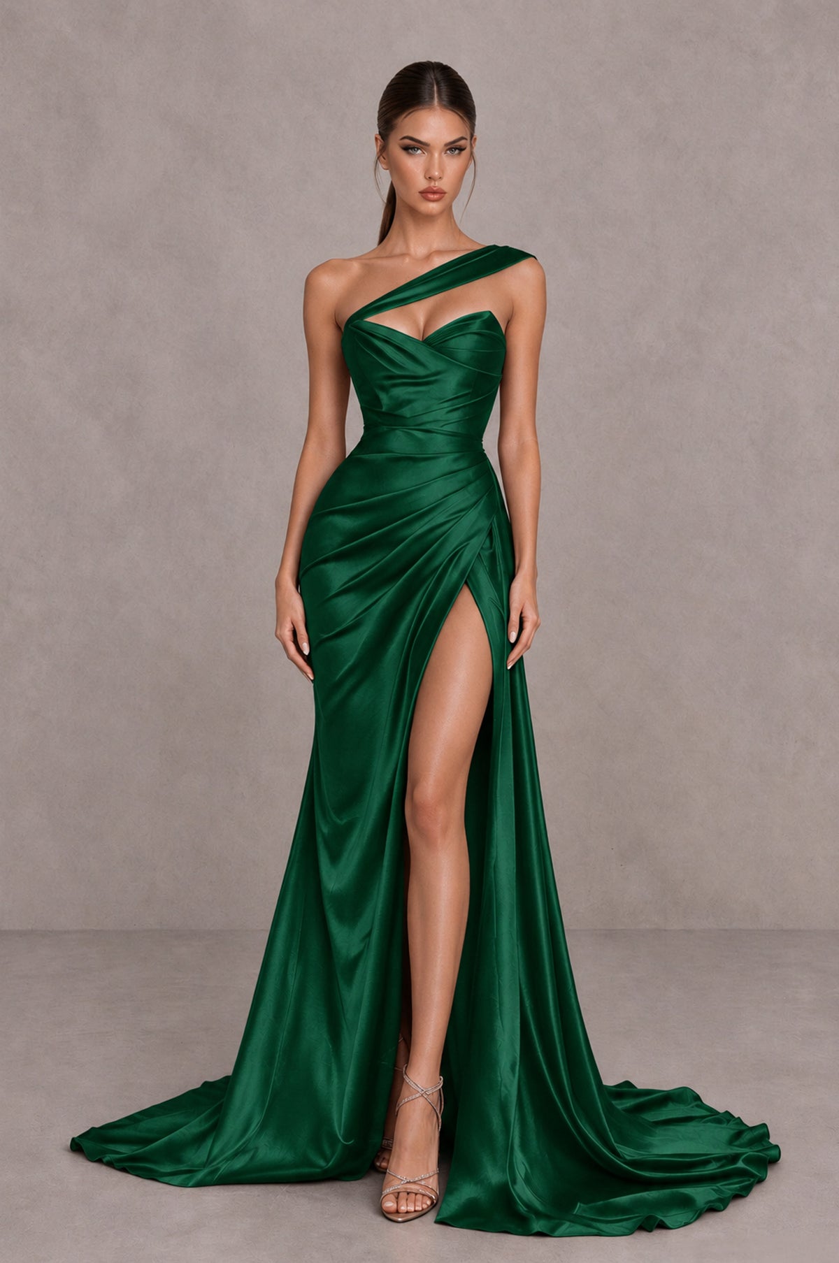 BOLODOO Emerald Green One Shoulder Satin Mermaid Evening Dress with Ruched Slit Skirt - Emerald Green - Emerald Green_1