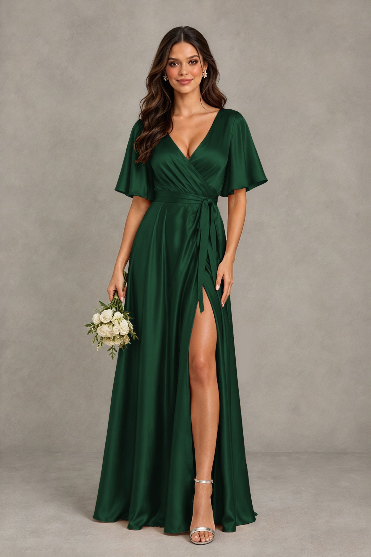 BOLODOO Emerald Green Satin V-Neck Flutter Sleeve Bridesmaid Dress with Slit - Emerald Green - Emerald Green(1)