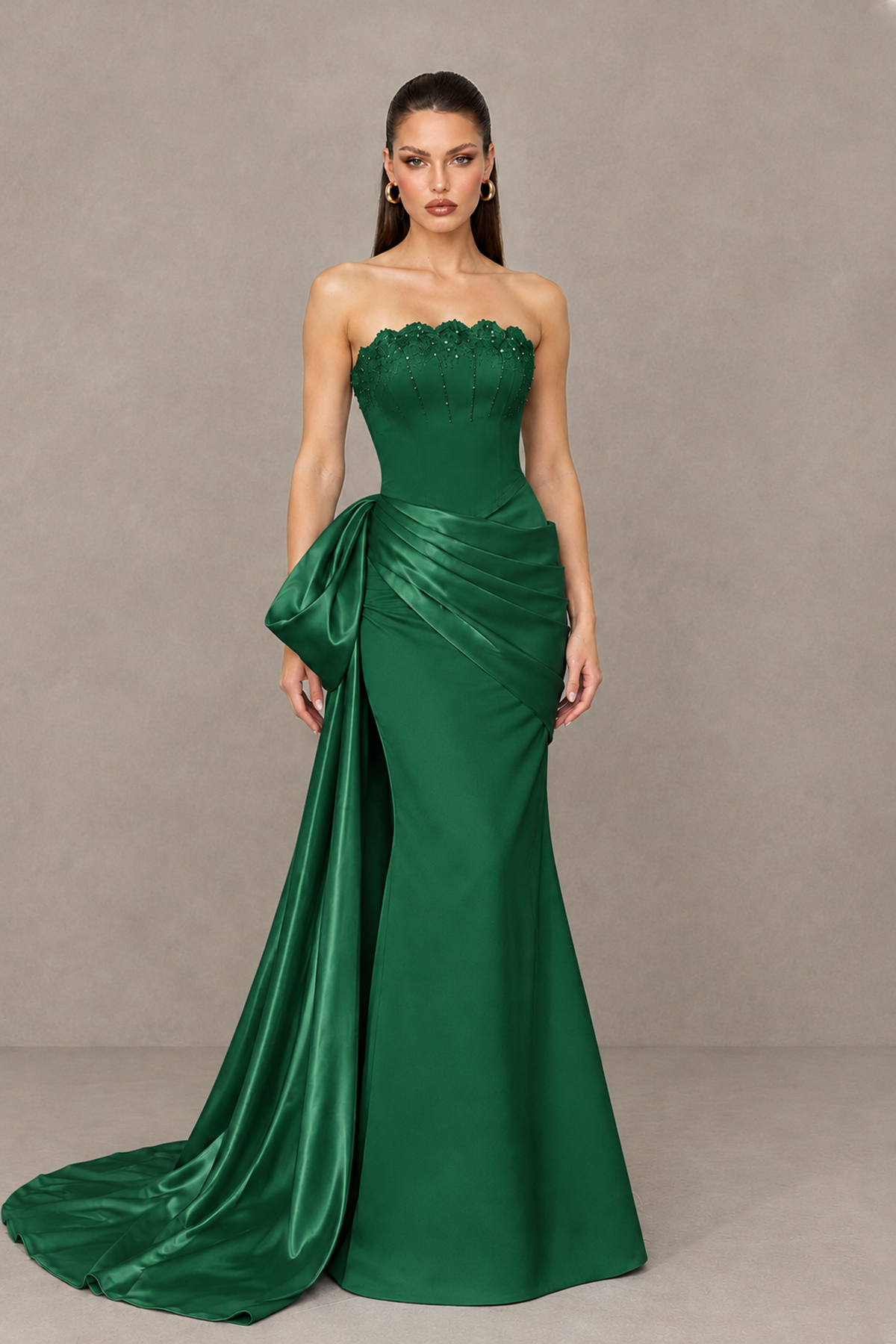 BOLODOO Emerald Green Strapless Satin Prom Dress with Draped Side Train - Emerald Green - Emerald_Green_1