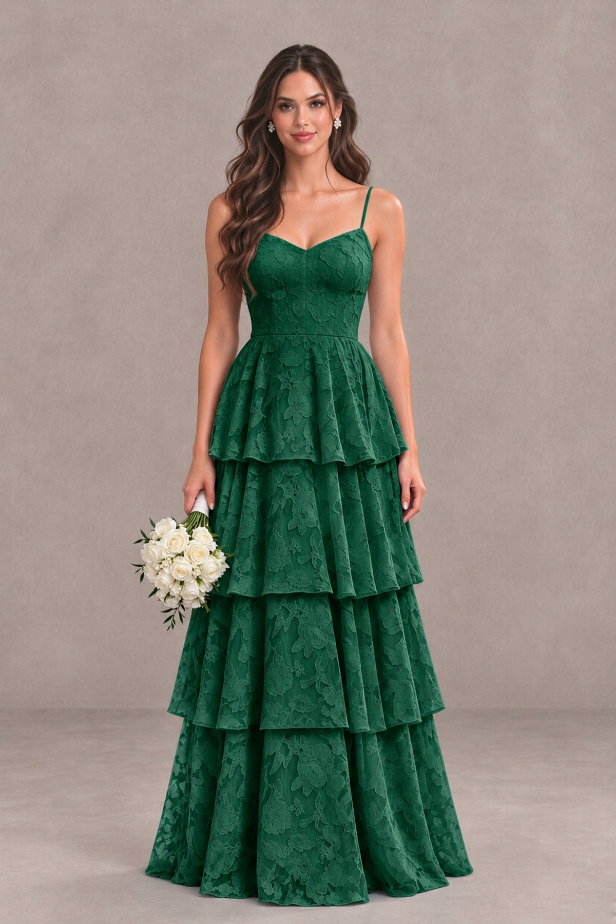 BOLODOO Emerald Green Tiered Floral-Textured Spaghetti Strap Maxi Dress - Emerald Green - Emerald Green_1