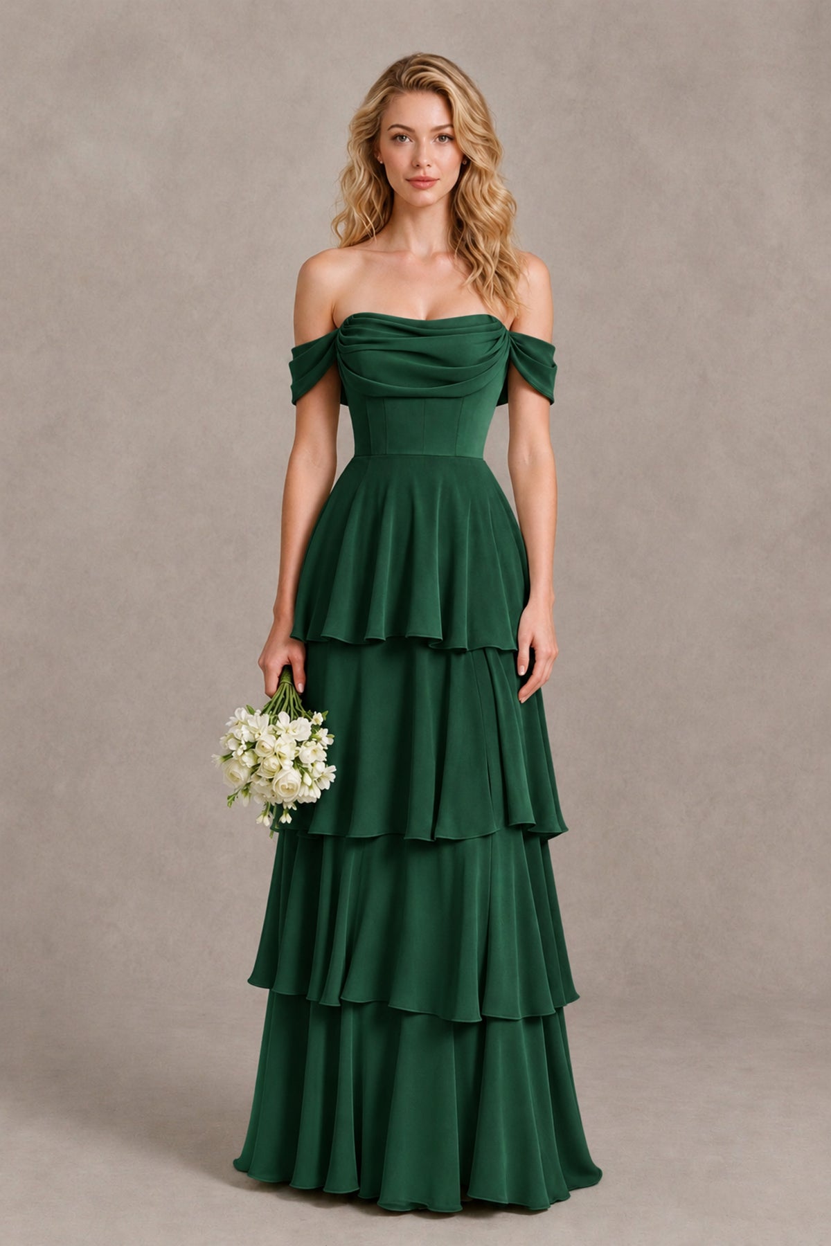 BOLODOO Emerald Green Off-the-Shoulder Tiered A-Line Evening Bridesmaid Dress - Emerald Green - Emerald Green_1