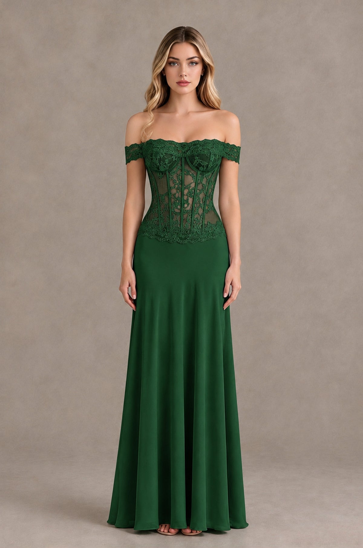 BOLODOO Emerald Green Off Shoulder Lace Corset Wedding Guest Dress - Emerald Green - Emerald Green_1