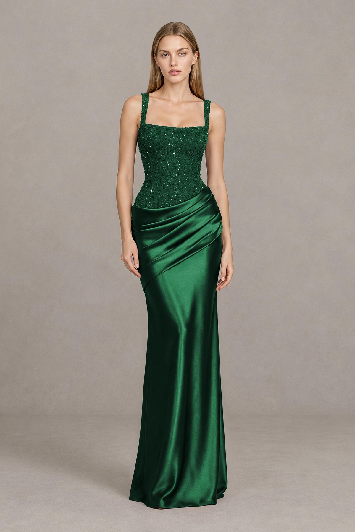 BOLODOO Emerald Green Square Neck Embellished Satin Evening Gown - Emerald Green