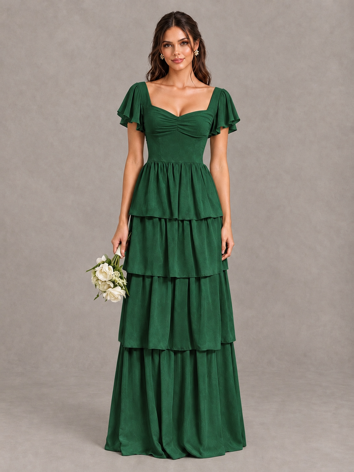 BOLODOO Emerald Green Flutter Sleeve Tiered Maxi Bridesmaid Dress - Emerald Green - Emerald Green_1
