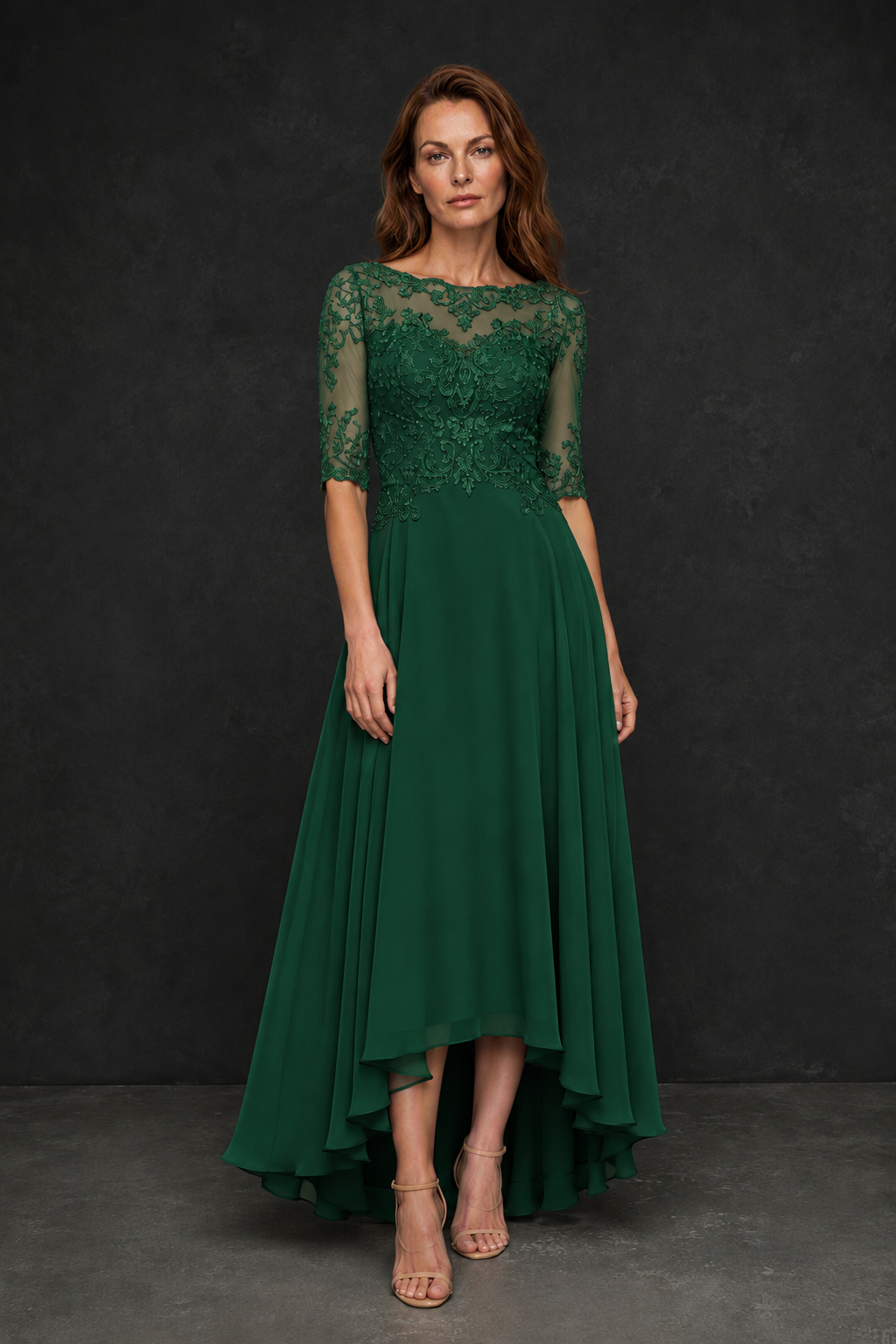 BOLODOO Emerald Green Illusion Lace 3/4 Sleeve Hi-Lo Chiffon A-Line Dress | Mother of the Bride Tea Length Dress - Emerald Green