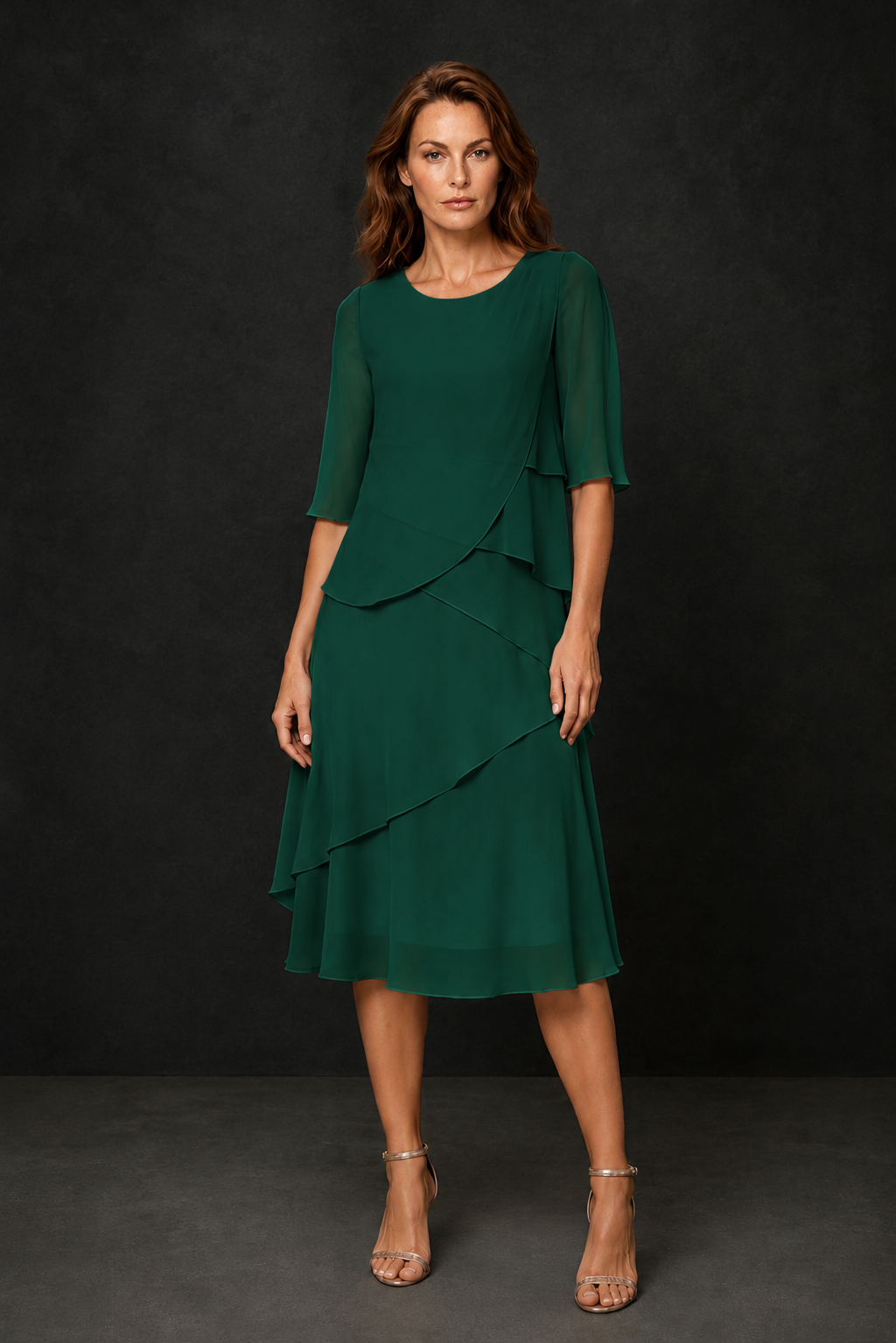 BOLODOO Emerald Green Chiffon 3/4 Sleeve Asymmetric Tiered Tea Length Dress | Mother of the Bride Midi Dress - Emerald Green