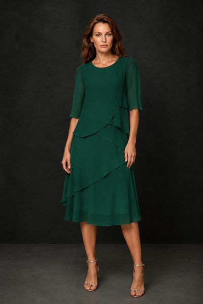 BOLODOO Emerald Green Chiffon 3/4 Sleeve Asymmetric Tiered Tea Length Dress | Mother of the Bride Midi Dress - Emerald Green