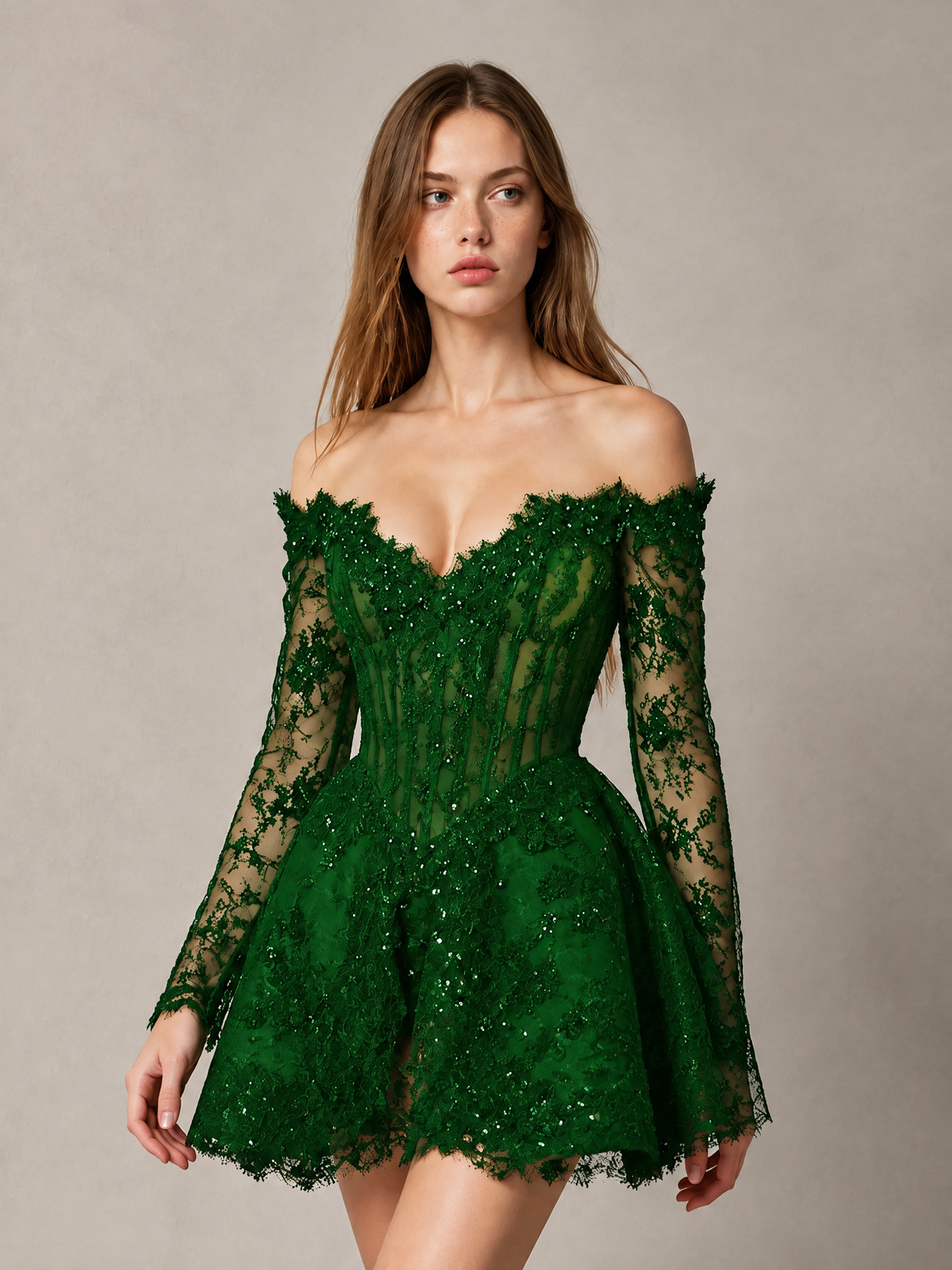 BOLODOO Emerald Green Off-Shoulder Long Sleeve Sheer Lace Sequin Corset A-Line Mini Dress | Open Back Cocktail Party Dress - Emerald Green