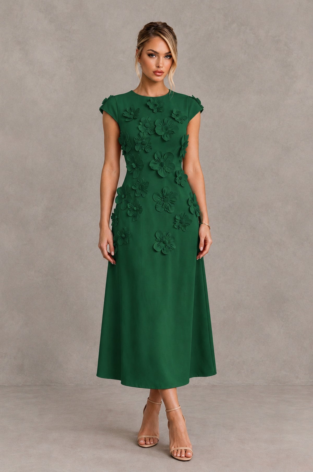 BOLODOO Emerald Green 3D Floral Cap Sleeve Midi Cocktail Dress - Emerald Green - Emerald Green_1