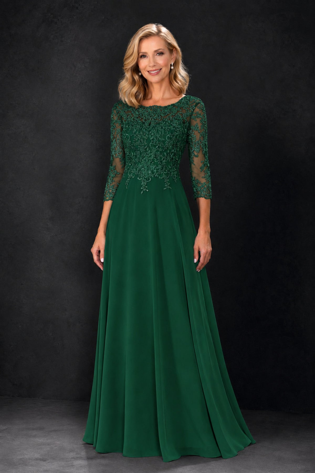 BOLODOO Emerald Green Lace Embroidered Mother of the Bride Dress with 3/4 Sleeves - Emerald Green