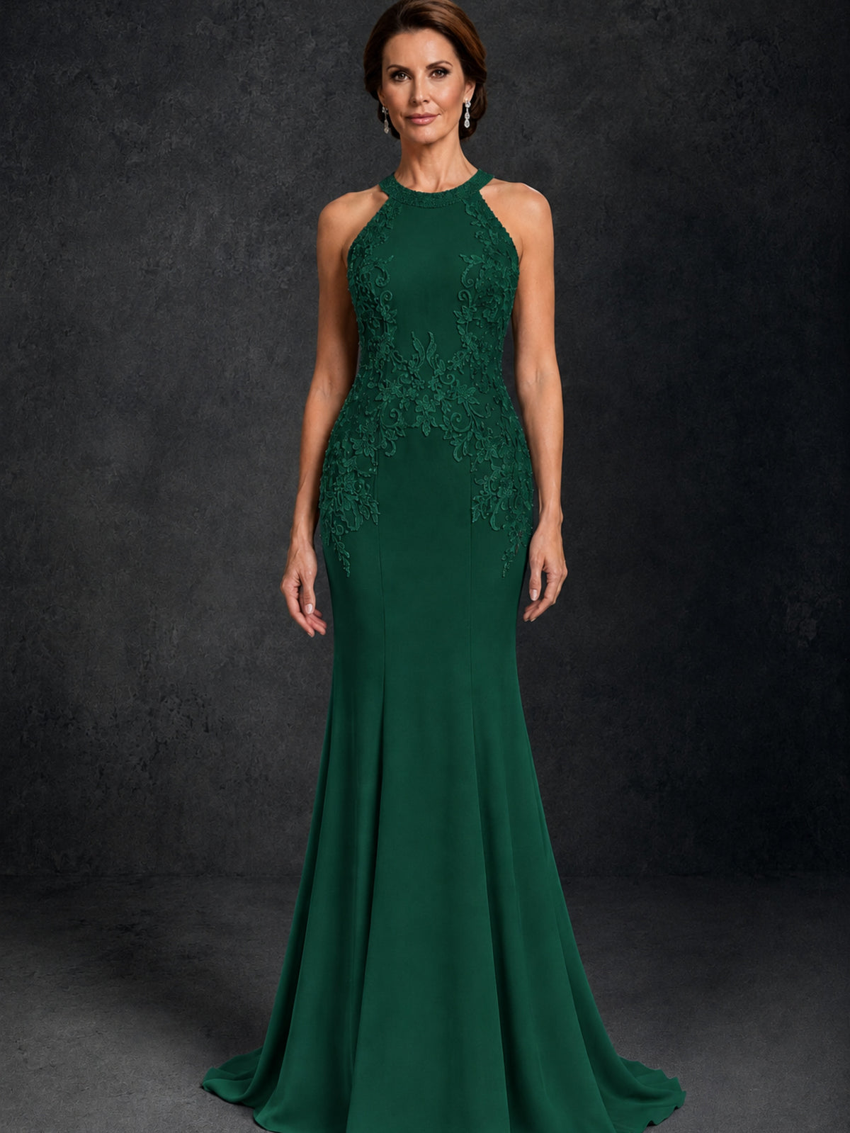 BOLODOO Emerald Green Lace Applique Halter Neck Sheer Back Mermaid Maxi Dress with Sweep Train - Emerald Green