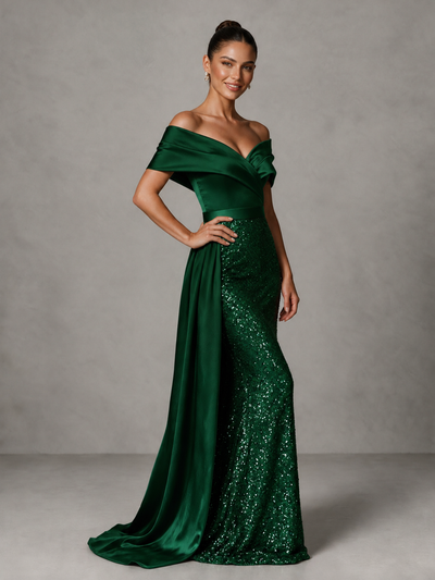 BOLODOO Emerald Green Sequin Mermaid Evening Dress with Off-Shoulder Satin Drape and Sweep Train - Emerald Green - Emerald Green_1