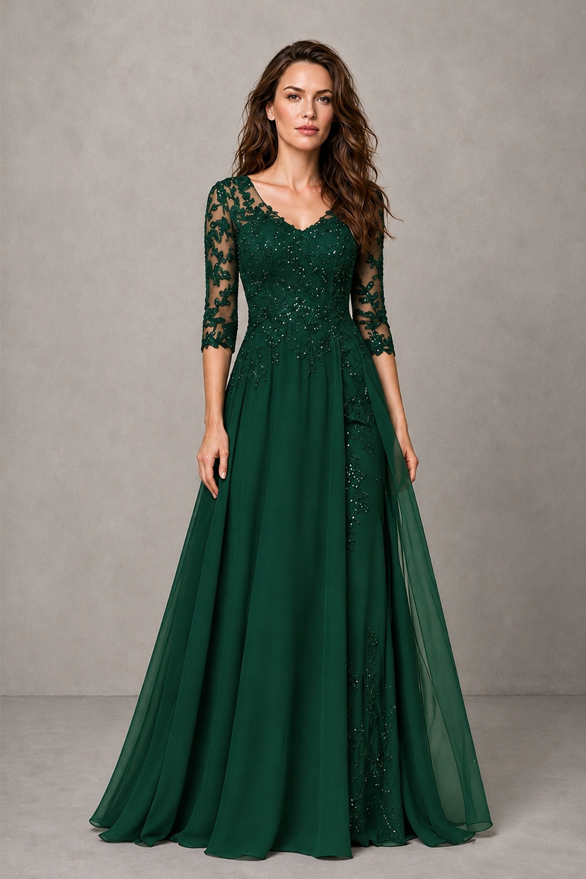 BOLODOO Midnight Emerald Green Beaded Lace Appliqué Chiffon A-Line Gown | Mother of the Bride & Formal Evening Dress - Emerald Green - Emerald Green_1