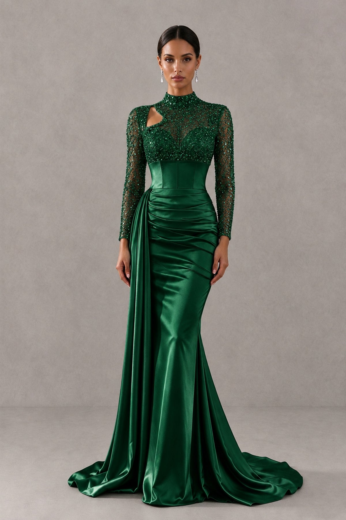 BOLODOO Emerald Green Long Sleeve Embellished Satin Mermaid Evening Gown - Emerald Green - Emerald Green_1
