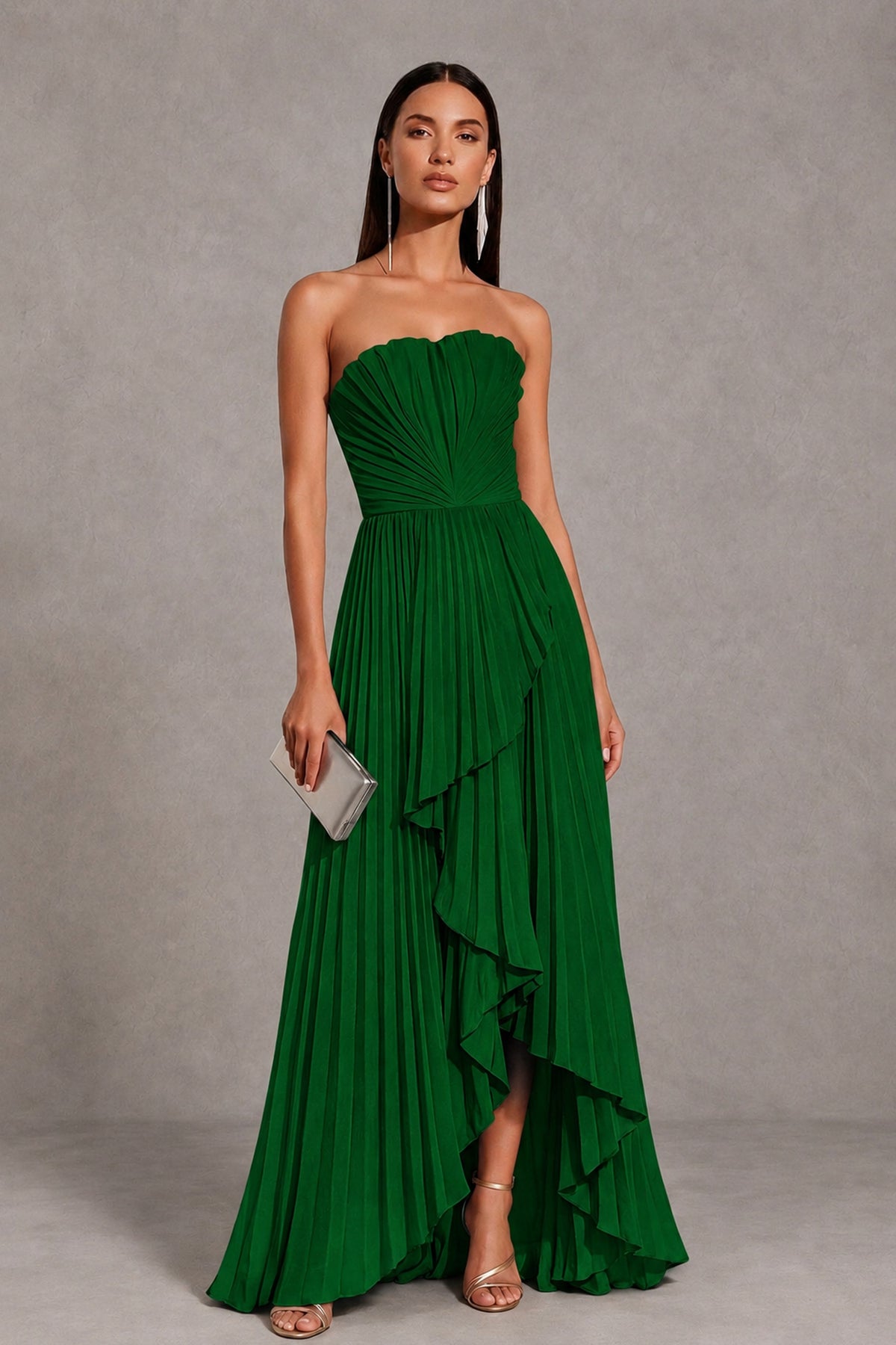 Emerald Green Strapless Pleated High-Low Evening Gown with Ruffle Hem - Emerald Green