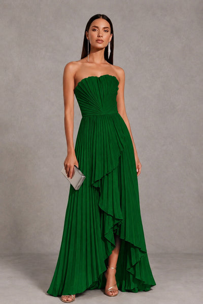 Emerald Green Strapless Pleated High-Low Evening Gown with Ruffle Hem - Emerald Green