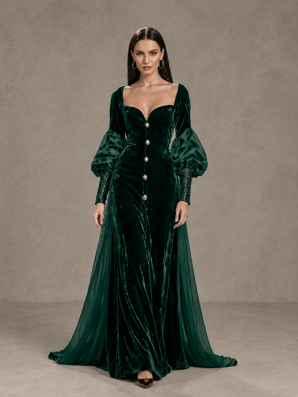 BOLODOO Emerald Green Velvet Long Sleeve Open-Back Evening Gown - Emerald Green - Emerald Green_1