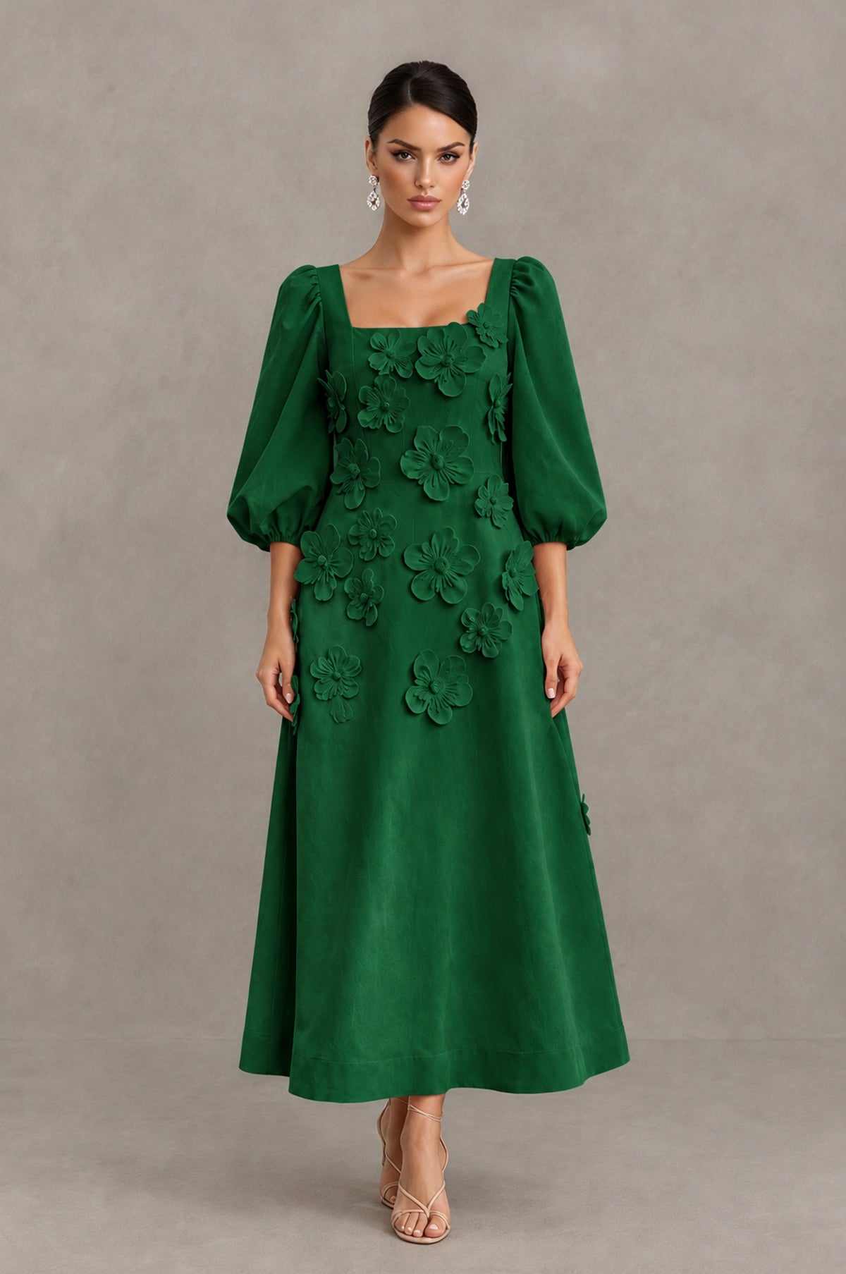 BOLODOO Emerald Green 3D Floral Puff Sleeve Midi Cocktail Dress - Emerald Green - Emerald Green_1