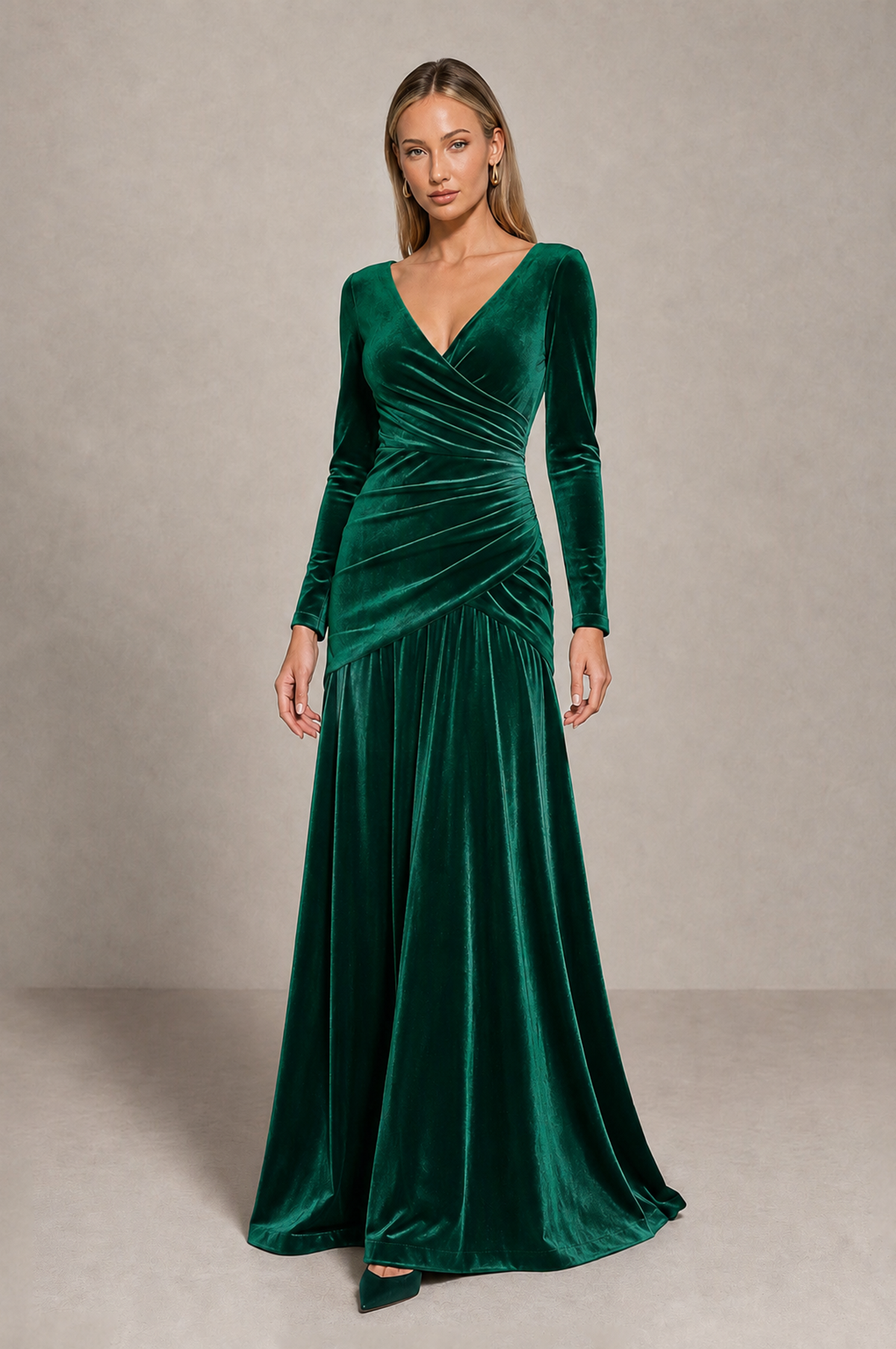 BOLODOO Emerald Green Velvet Long Sleeve V-Neck Ruched Evening Dress - Emerald Green - Emerald_Green_1