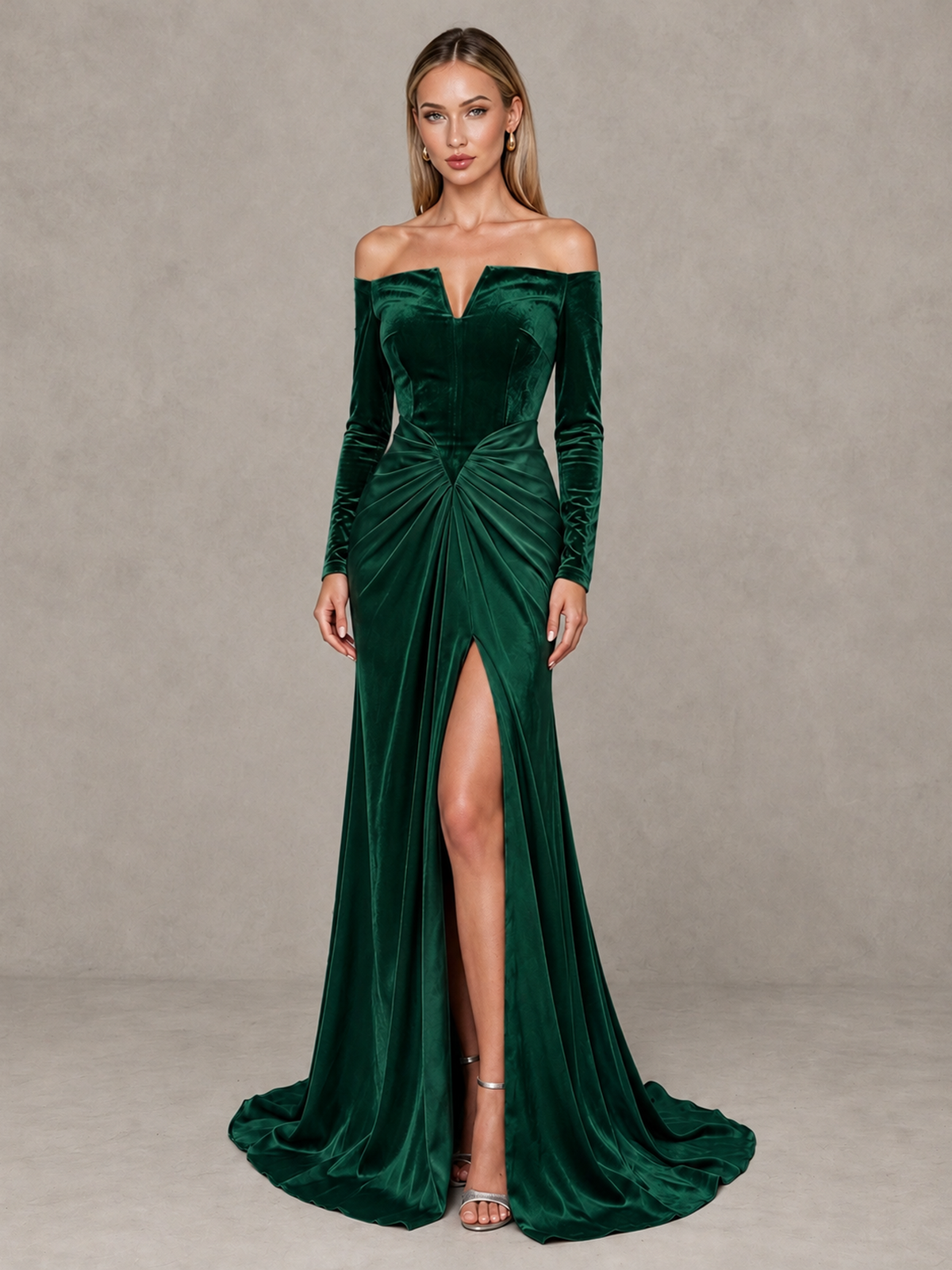 BOLODOO Emerald Green Off-Shoulder Velvet Evening Gown with High Slit - Emerald Green - Emerald Green_1