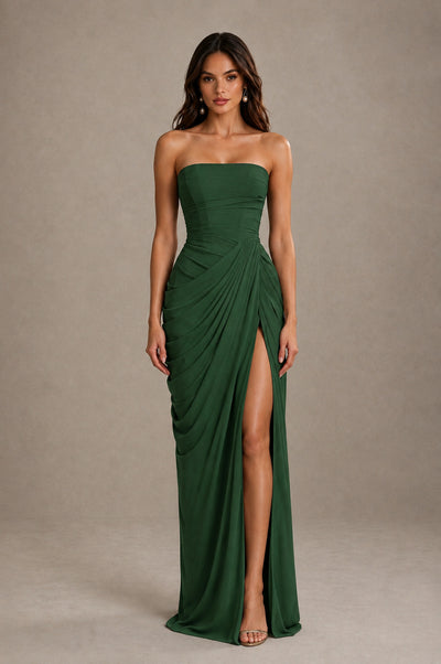 BOLODOO Strapless Draped Maxi Dress - Emerald Green Backless Evening Gown with High Slit - Emerald Green - Emerald Green_1