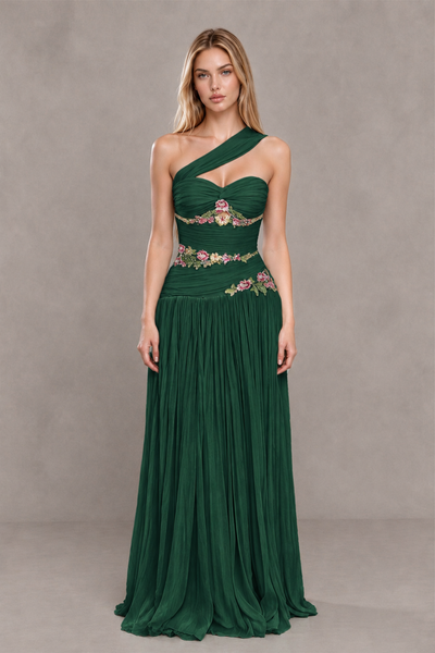 BOLODOO Emerald Green One-Shoulder Floral Applique A-Line Evening Dress - Emerald Green - Emerald Green_1