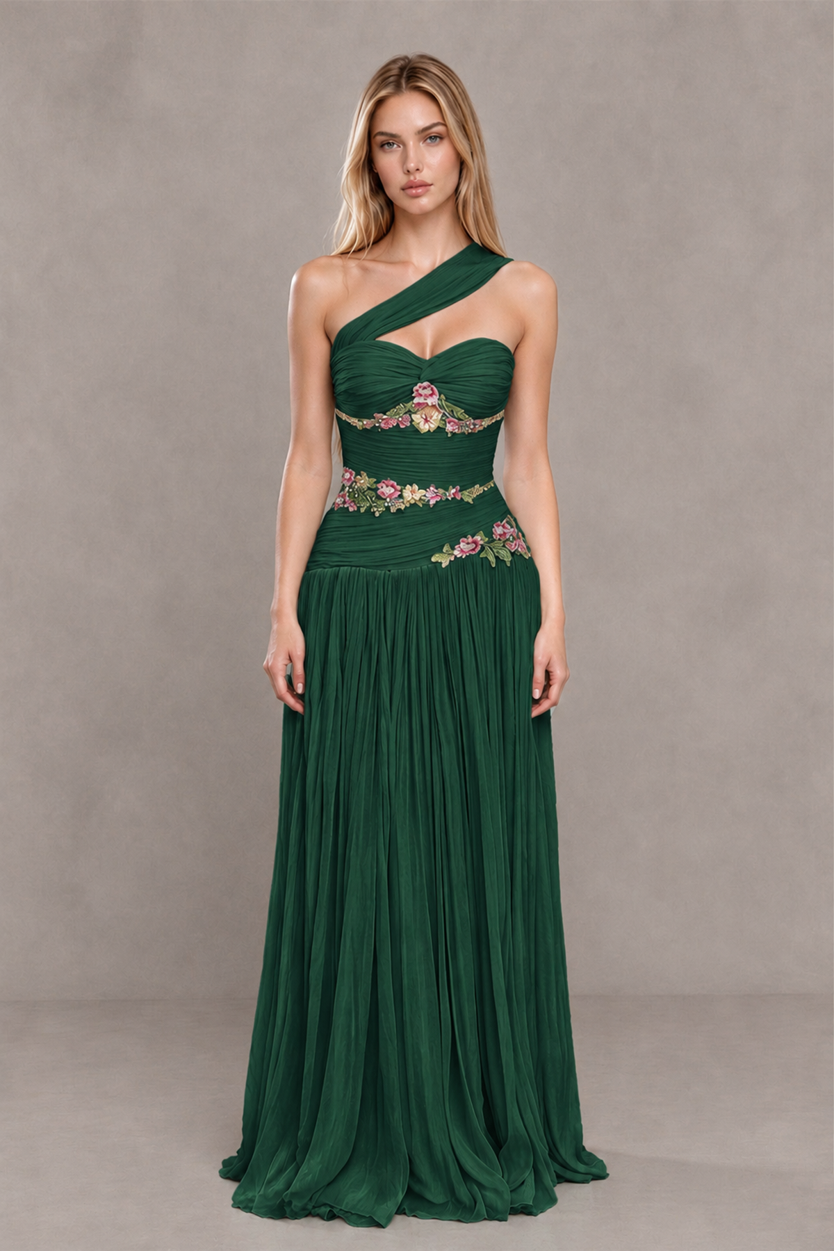 BOLODOO Emerald Green One-Shoulder Floral Applique A-Line Evening Dress - Emerald Green - Emerald Green_1