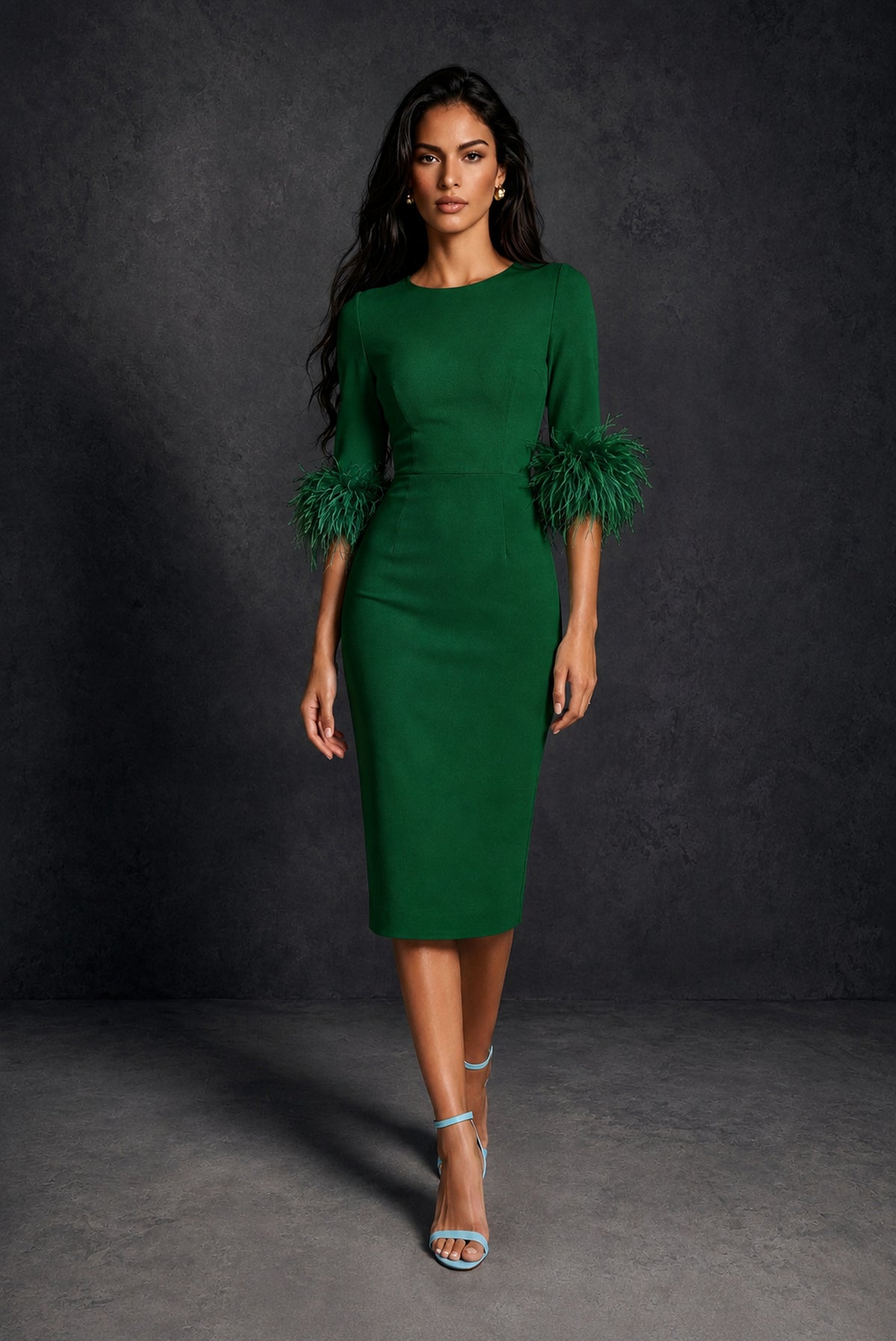 BOLODOO Emerald Green Ostrich Feather Cuff 3/4 Sleeve Round Neck Bodycon Midi Dress with Back Slit - Emerald Green