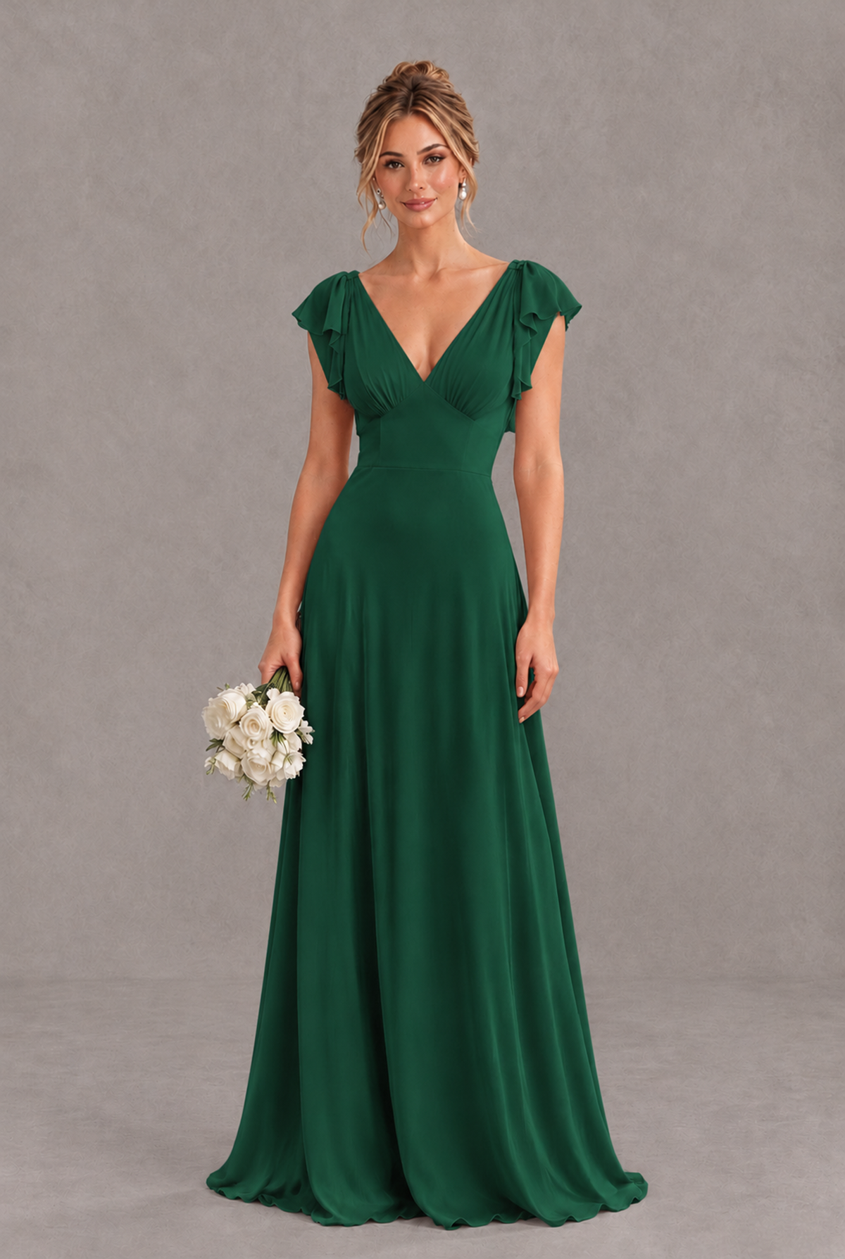 BOLODOO Emerald Green V-Neck Flutter Sleeve A-Line Bridesmaid Dress - Emerald Green - Emerald Green_1