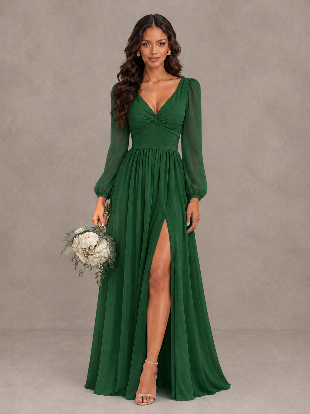 BOLODOO Emerald Green V-Neck Long Sleeve Bridesmaid Dress with Tie Back and Slit - Emerald Green - Emerald Green_1