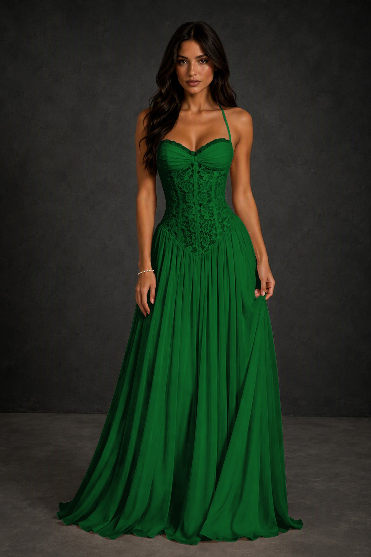 BOLODOO Emerald Green Lace Corset Halter Maxi Gown – Backless A-Line Formal Dress - Emerald Green