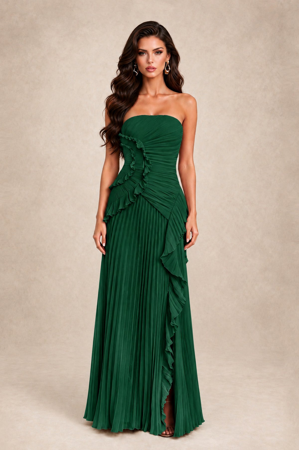 BOLODOO Emerald Green Strapless Ruffle Pleated Slit Evening Gown - Emerald Green - Emerald Green_1