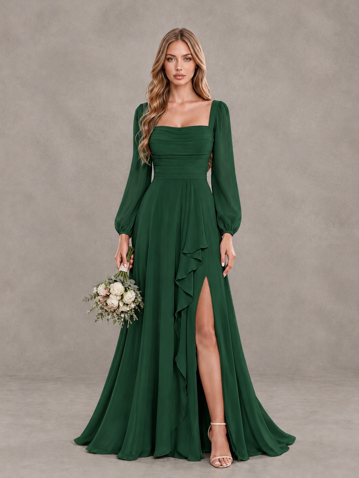 BOLODOO Emerald Green Square Neck Long Sleeve Bridesmaid Dress with Ruffle Slit - Emerald Green - Emerald Green_1
