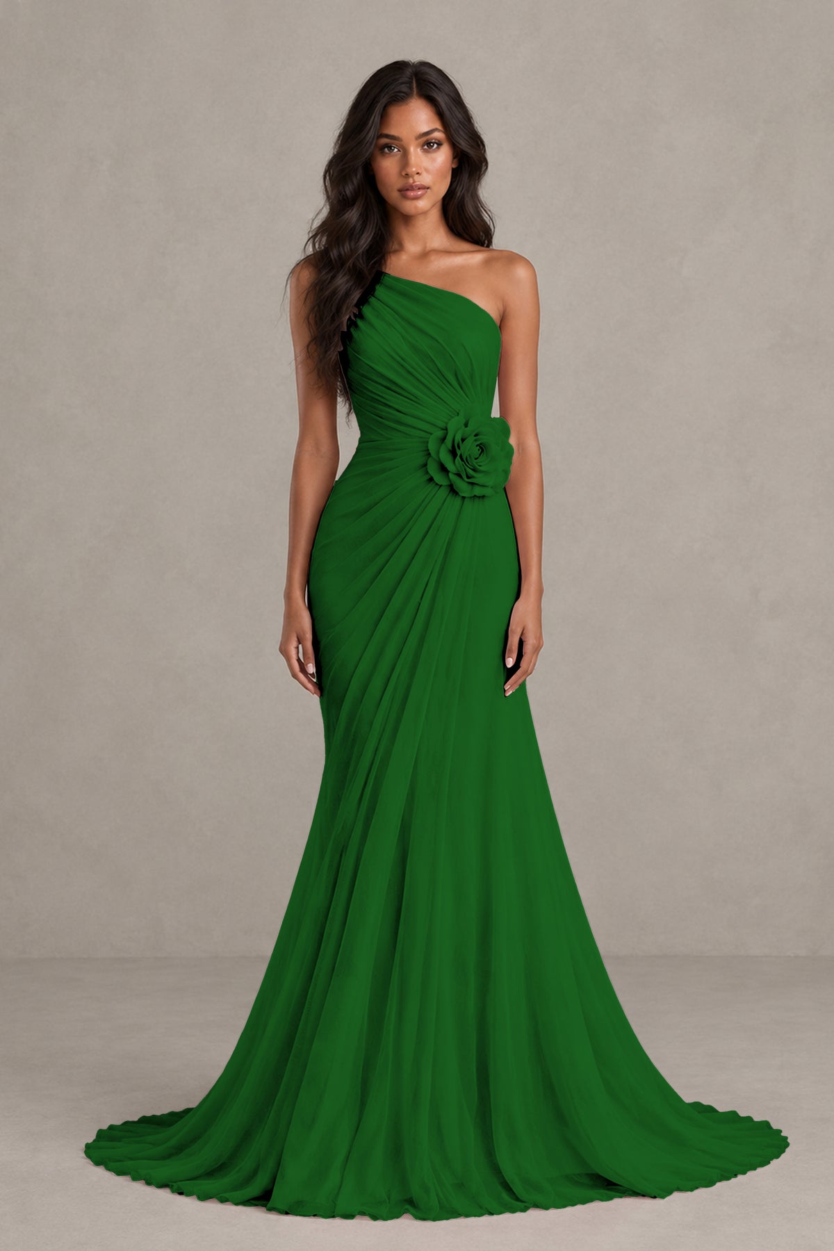 BOLODOO Emerald Green One-Shoulder Floral Ruched Maxi Dress - Emerald Green