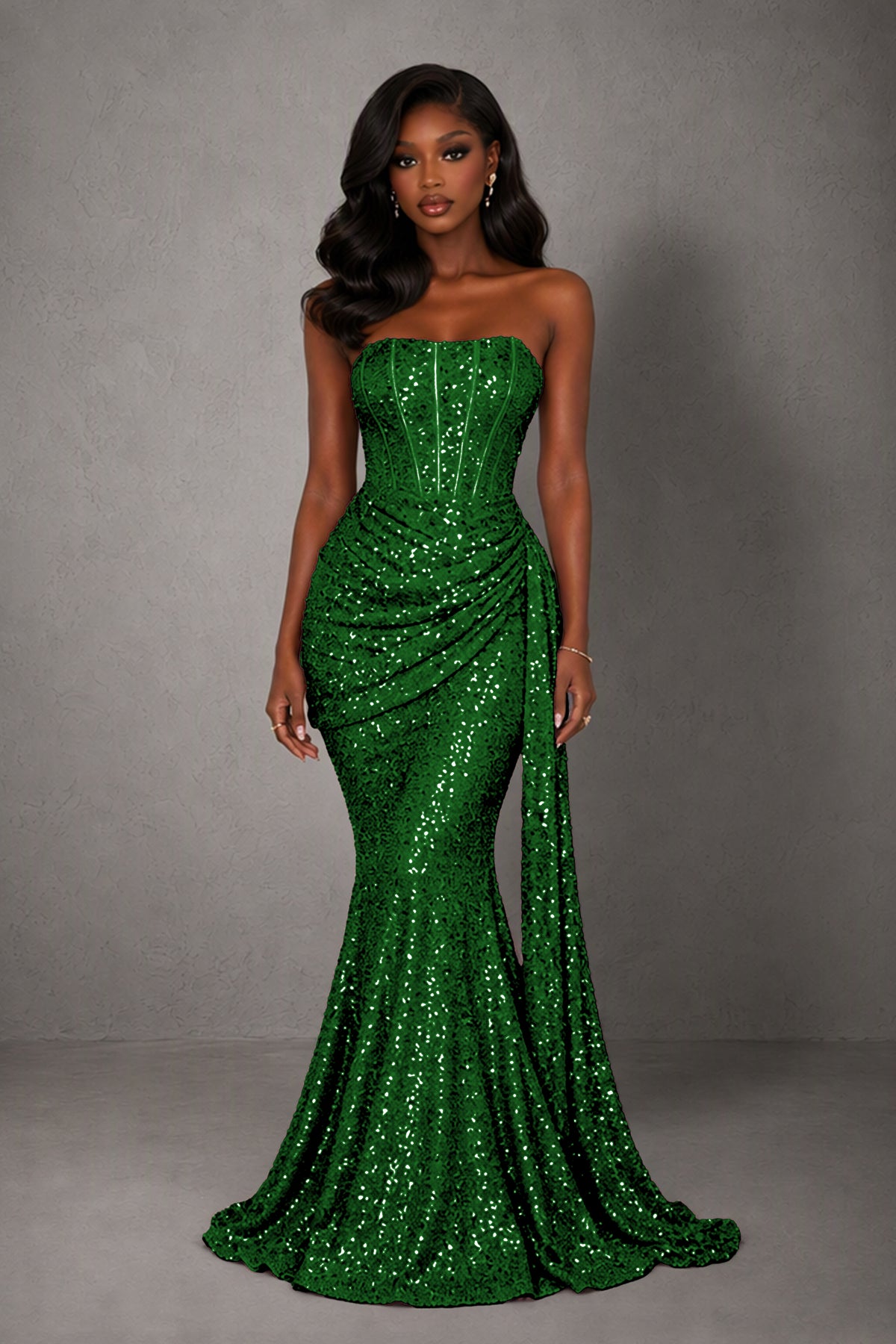 BOLODOO Emerald Green Sequin Strapless Corset Mermaid Evening Gown with Train - Emerald Green